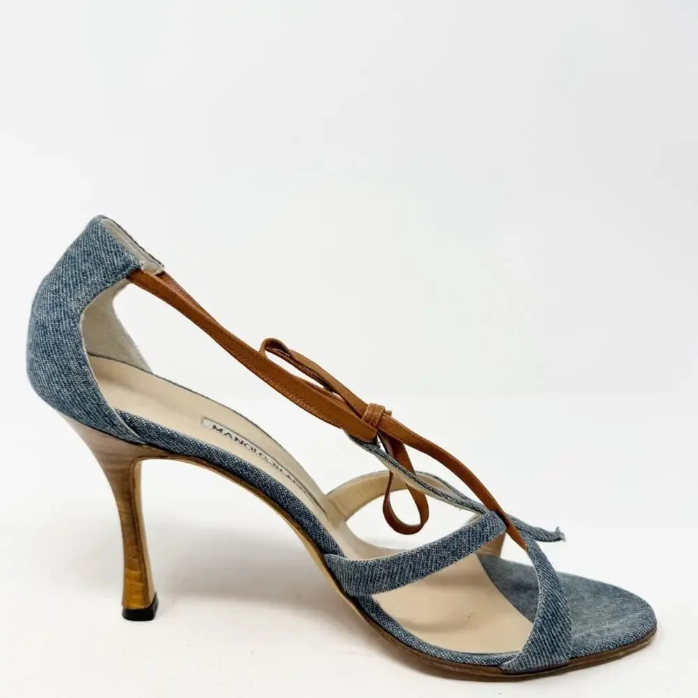 Manolo Blahnik Denim Strappy Sandals Heels Womens Size EU 38.5